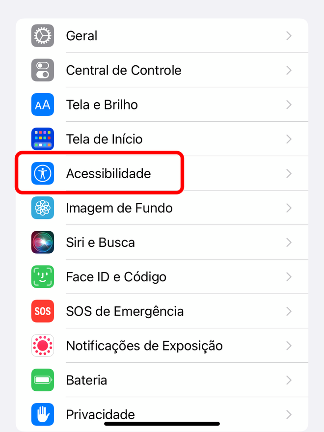 Entre na seção "Acessibilidade", nos ajustes do iOS - Captura de tela: Thiago Furquim (Canaltech)