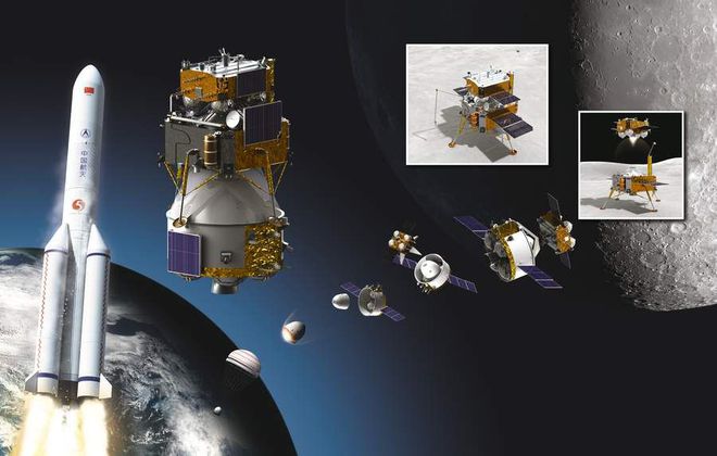 Arte mostra os diferentes aparatos que fazem parte da missão Chang'e 5 (Imagem: Reprodução/All About Space//Future)