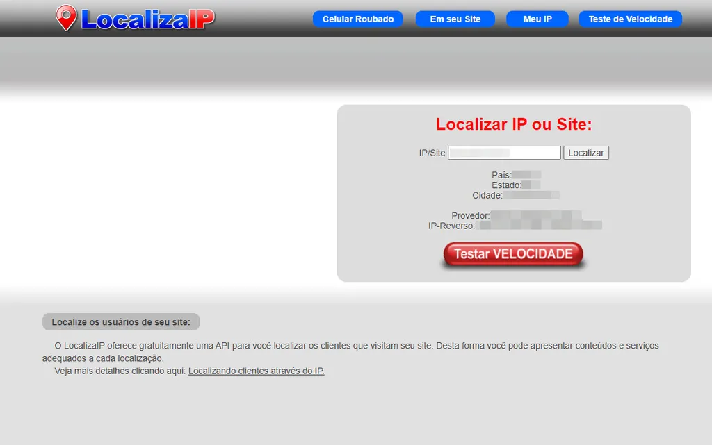 Veja como descobrir a origem do endereço de IP de alguém usando a plataforma LocalizaIP (Captura de tela: Matheus Bigogno)