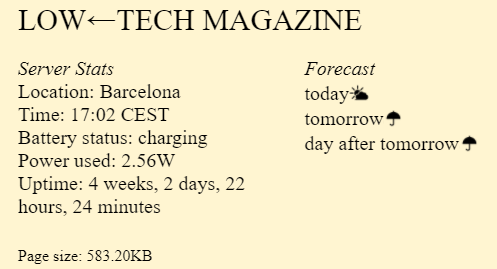 A "previsão do tempo" ajuda a saber se o site vai estar no ar (Imagem: Reprodução/Low Tech Magazine)