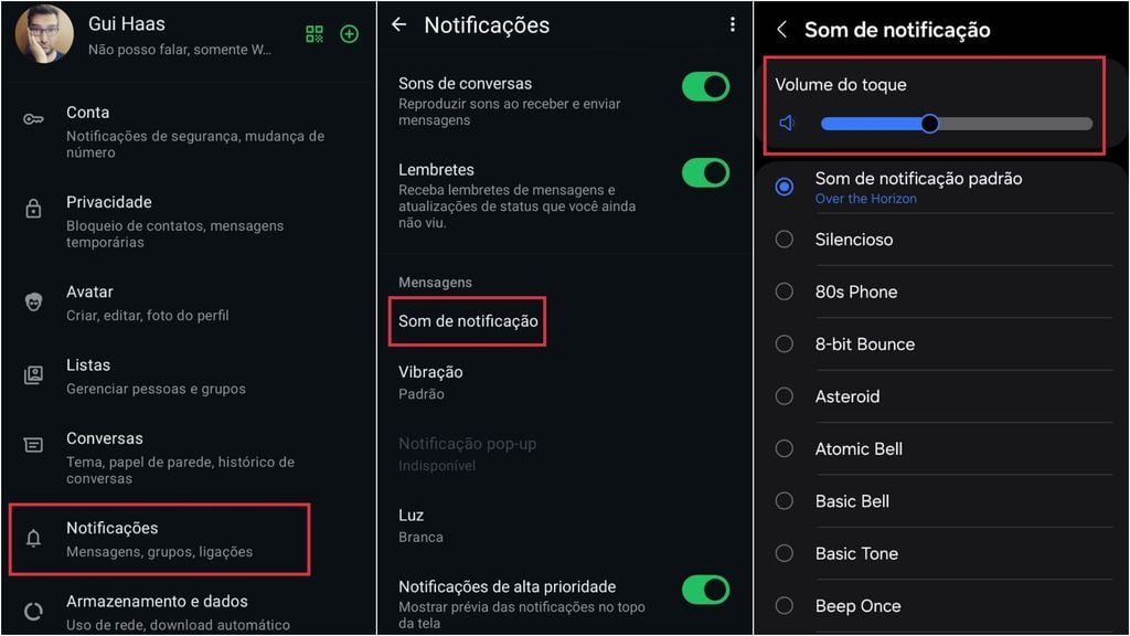 Capturas de tela mostram caminho para aumentar volume de som do WhatsApp em modelo Android