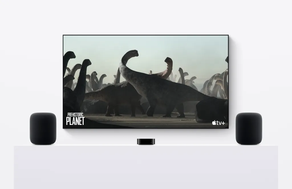 Atualmente, HomePod e Apple TV são produtos separados, mas em breve Apple pode lançar HomePod que combina os dois produtos em um (Imagem: Divulgação/Apple)