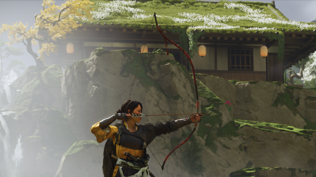 As armas são um aspecto histórico preciso em Ghost of Yotei, como o enorme arco yumi: ponto para o jogo (Imagem: Sucker Punch/Sony Interactive)
