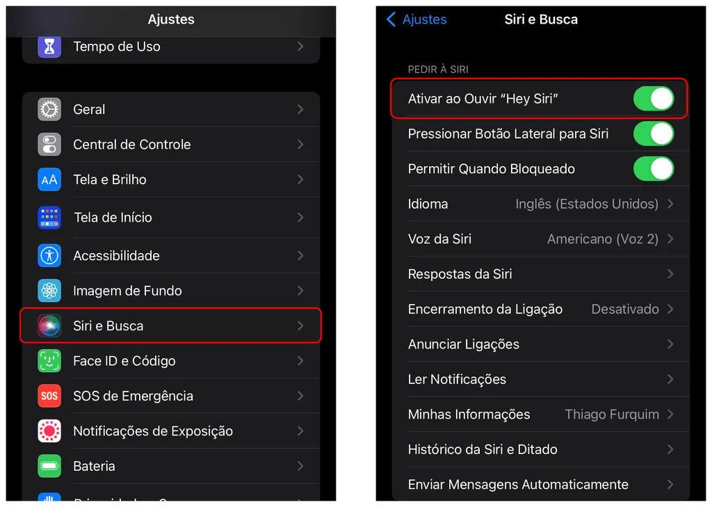 Ative o "E ai Siri" para acionar a assistente de voz do iPhone (Captura de tela: Thiago Furquim/Canaltech)