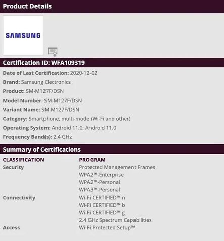 Certificação Wi-Fi Galaxy M12