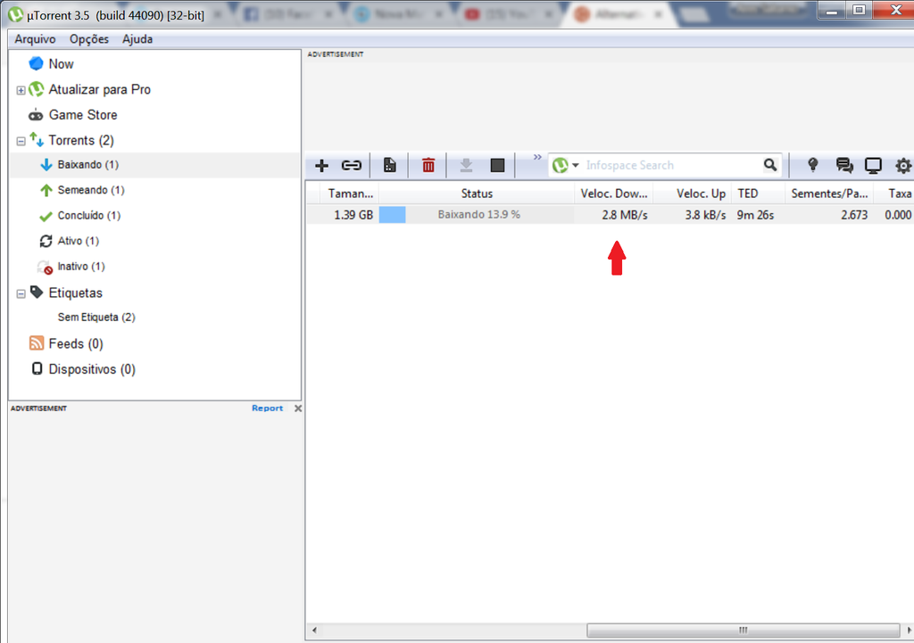 Captura de tela mostra a velocidade de Download de 2.8 MBps ao baixar o torrent do Ubuntu