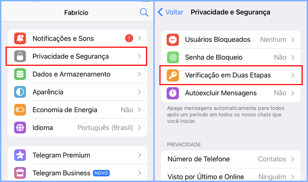 É possível aplicar verificação em duas etapas para deixar seu Telegram mais seguro (Imagem: Captura de tela/Fabrício Calixto/Canaltech)