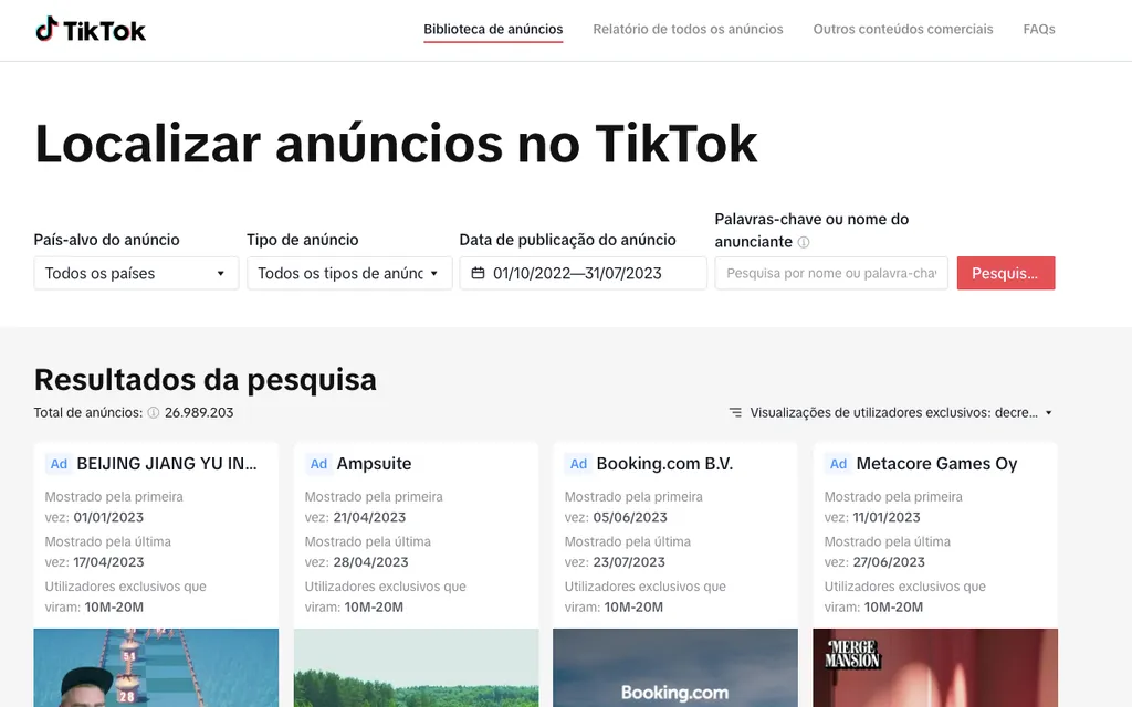Explore a biblioteca de anúncios do TikTok (Imagem: Captura de tela/Thiago Furquim/Canaltech)