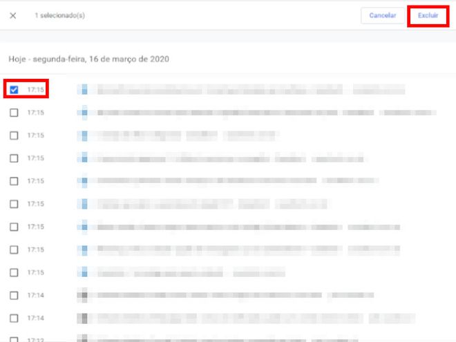 Abra o Histórico do Google Chrome, selecione os itens para deletar e clique em "Excluir" (Captura de tela: Matheus Bigogno)