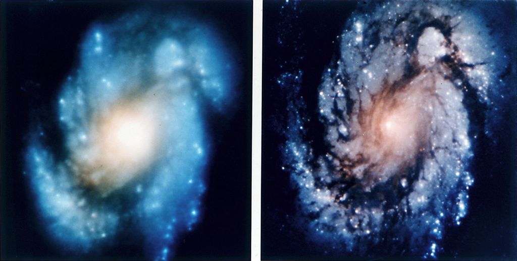 Comparativo de imagens da galáxia espiral M100 que demonstra as imagens do Telescópio Espacial Hubble antes e depois da correção óptica em 1993 (Imagem: NASA)