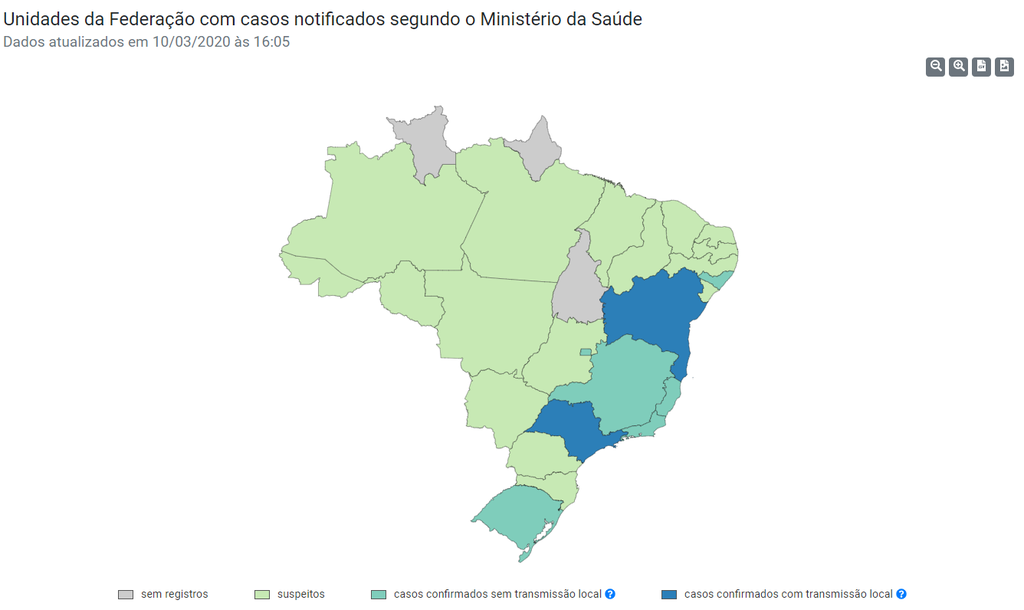 O estado de São Paulo segue com o maior número de casos confirmados do novo coronavírus (Mapa: Reprodução/ Ministério da Saúde)