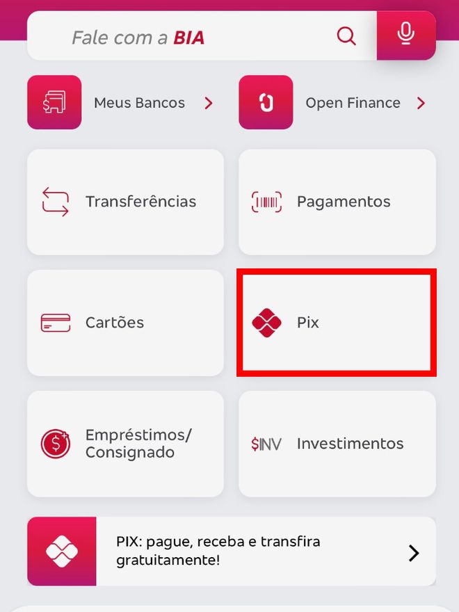 Abra o app do Bradesco e acesse a área "Pix" na tela inicial (Imagem: Bruno Salutes/Captura de tela)
