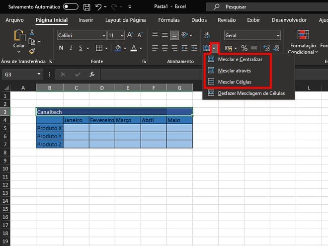 Como mesclar células no Excel (Imagem: Captura de tela/Matheus Bigogno/Canaltech)