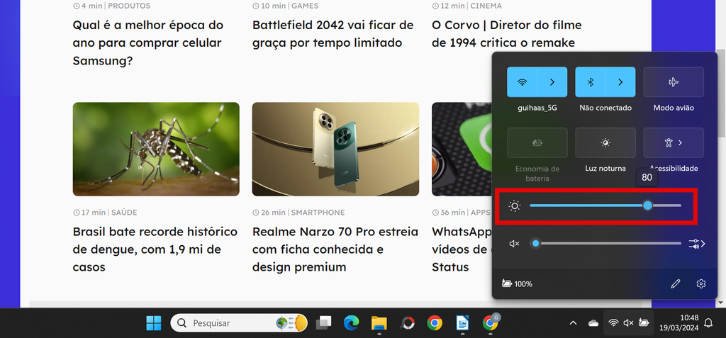 Ajuste o brilho da tela com o controle deslizante junto à barra de tarefas do Windows (Imagem: Captura de tela/Guilherme Haas/Canaltech)