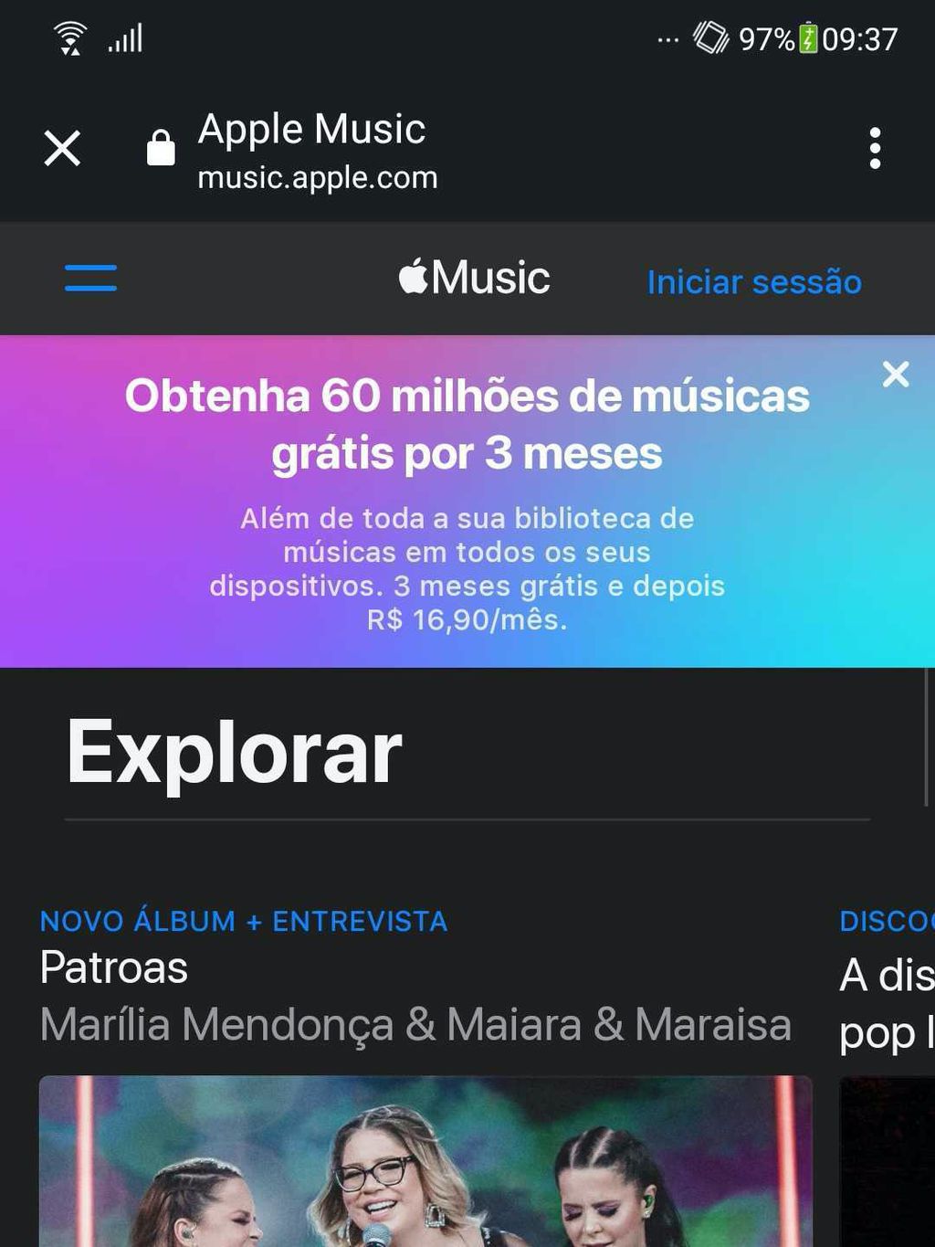 Faça login para acessar o Apple Music na web pelo navegador / Captura de tela: Bruno Salutes (Canaltech)