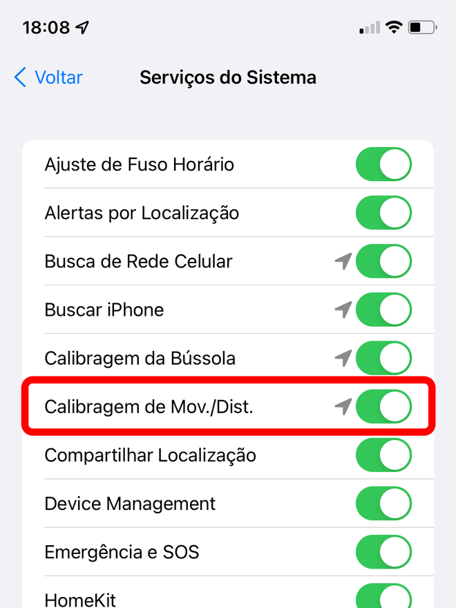 Certifique-se de que a opção acima esteja selecionada para calibrar o Apple Watch - Captura de tela: Thiago Furquim (Canaltech)