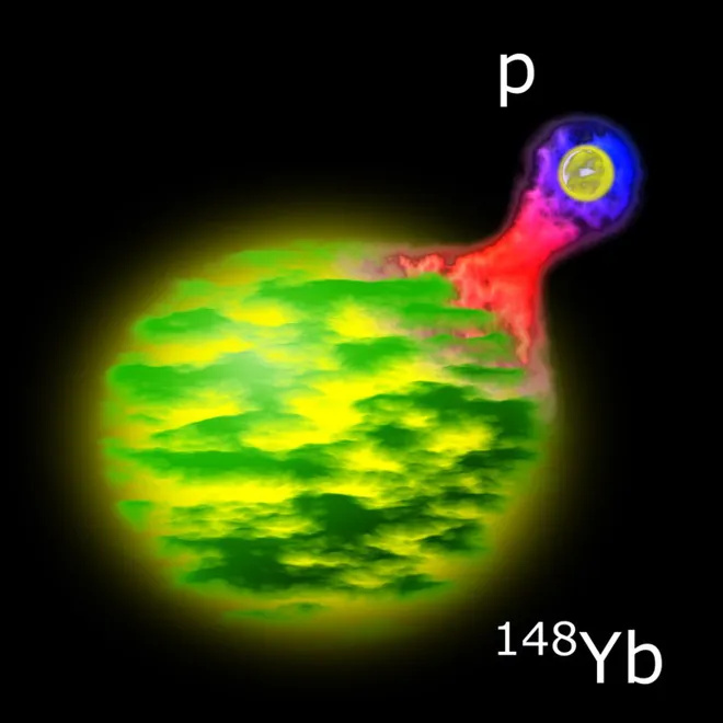 Impressão artística mostra o decaimento de um núcleo de lutécio-149 e emissão de um próton (Imagem: Reprodução/Universidade de Jyväskylä)