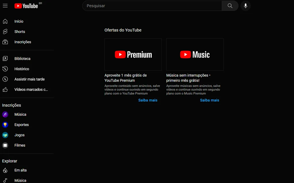 Verifique se a sua conta recebeu a oferta para usar o YouTube Music Premium de graça (Captura de tela: André Magalhães)