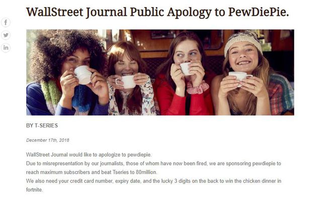 Falso pedido de desculpas publicado no site The Wall Street Journal (Captura: Rafael Rodrigues)