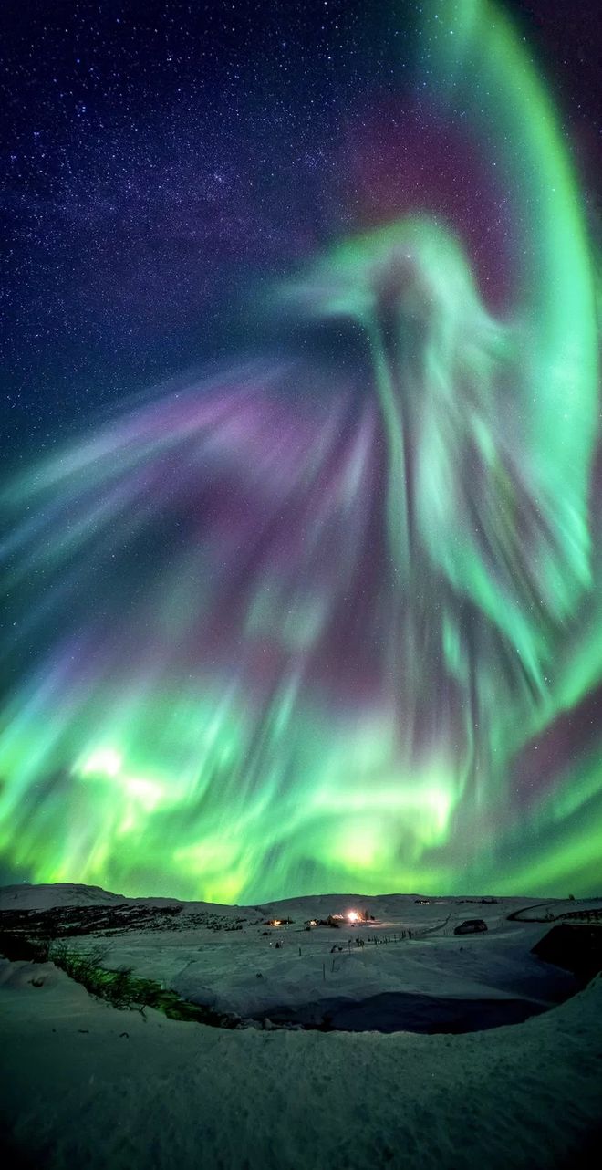 Aurora boreal deixa no céu um formato parecido com uma fênix (Foto: Jingyi Zhang & Wang Zheng)