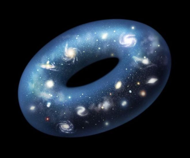 Em um modelo hipertoro do universo, o movimento em linha reta o levará de volta à sua localização original, mesmo em um espaço-tempo não curvado (plano). O universo também pode ser fechado e curvado positivamente, o que resultaria em uma hiperesfera (ESO/INTHESTARLIGHTGARDEN Via DevianArt)