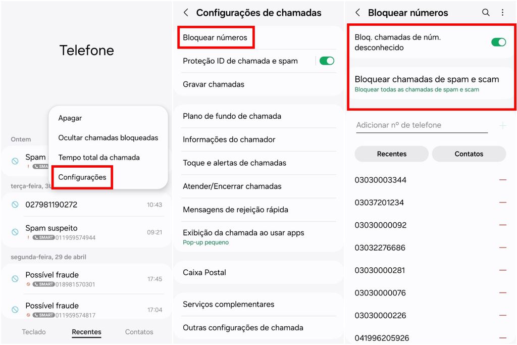 É possível bloquear chamadas de números desconhecidos pelo aplicativo Telefone no Android (Imagem: Captura de tela/Guilherme Haas/Canaltech)