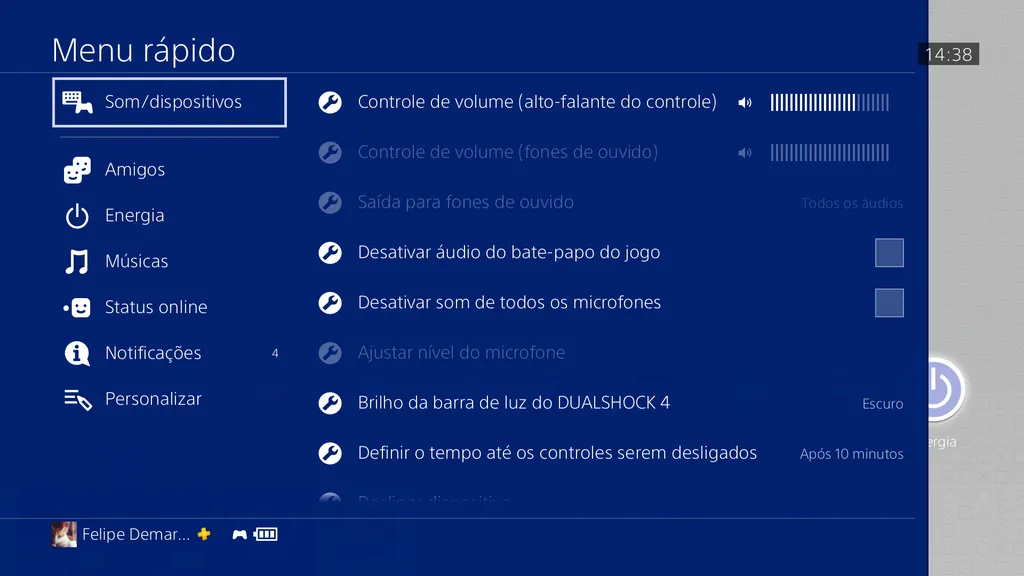 Através do Menu rápido é possível desligar o Dualshock 4. (Imagem: Captura de Tela/Felipe Demartini/Canaltech)