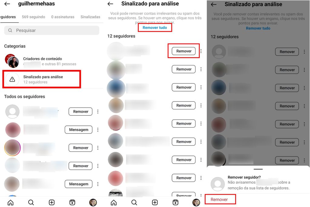 Ferramenta “Sinalizado para análise” lista os seguidores fantasmas da sua conta no Instagram (Imagem: Captura de tela/Guilherme Haas/Canaltech)