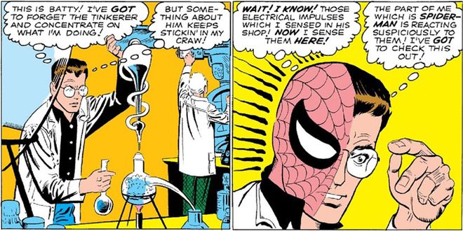 O Homem-Aranha usava bastante os balões de pensamento para explicar suas maluquices científicas (Imagem: Reprodução/Marvel Comics)