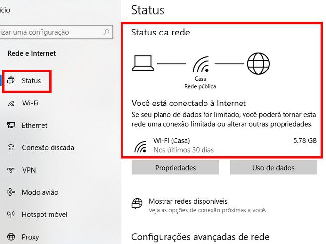 Na aba "Status", verifique a conexão da sua internet com o seu PC (Captura de tela: Matheus Bigogno)
