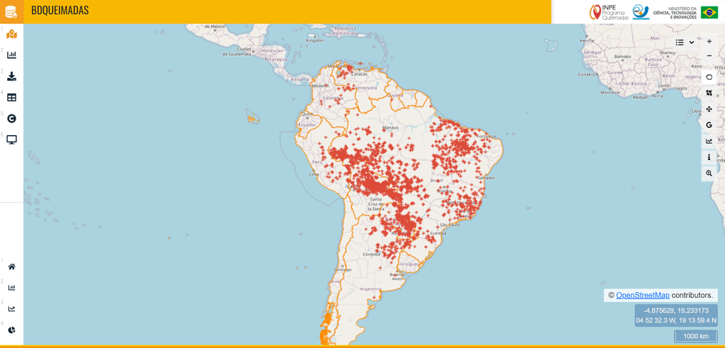 Com queimadas no Cerrado, Pantanal, Amazônia e no interior de SP, Brasil concentra a maioria dos focos de incêndio da América do Sul (Imagem: Programa Queimadas/Inpe)