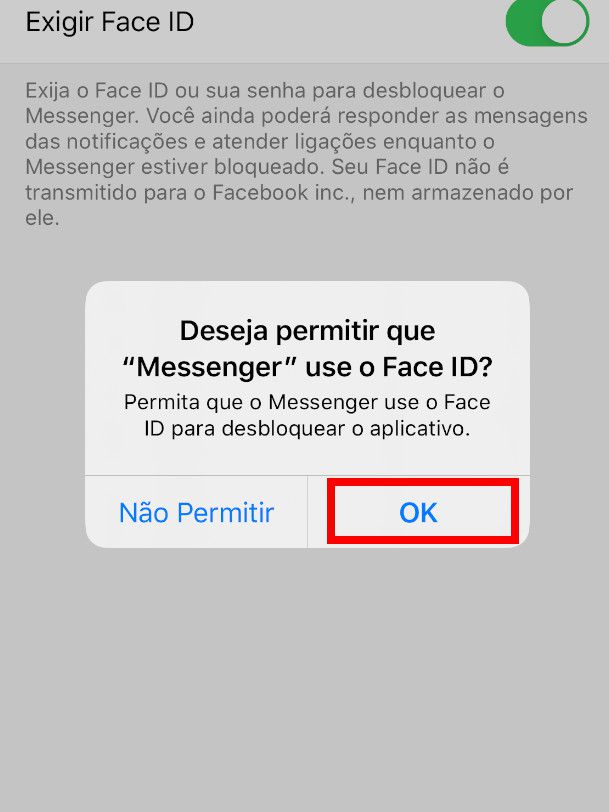 Clique em "OK" para permitir que o app utilize o Face ID (Captura de tela: Bruno Salutes)