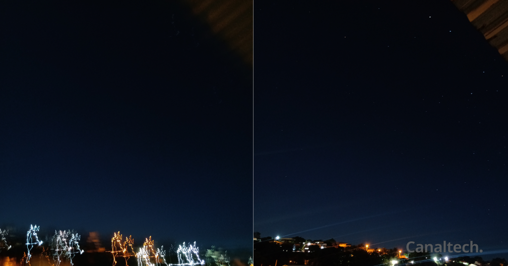 À esquerda, a luz saiu tremida e a câmera não conseguiu focar as estrelas, pois o aparelho não estava parado, ao contrário da imagem à direita (Imagem: Reprodução/Wyllian Torres)