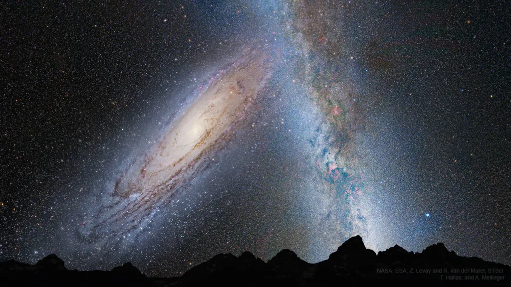 Representação do início da colisão entre a Via Láctea e Andrômeda (Imagem: Reprodução/NASA, ESA, Z. Levay and R. van der Marel (STScI); T. Hallas; and A. Mellinger)