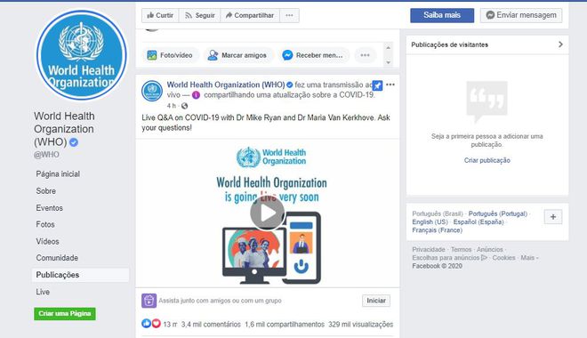 Facebook da OMS: conteúdos da entidade tem menos audiência do que as fake news sobre saúde na rede social (Captura de imagem: Rui Maciel)