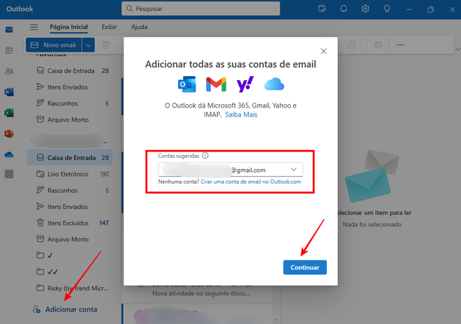 Para usar o Gmail no Outlook é só adicionar a conta através de uma opção na tela inicial (Imagem: Captura de tela/Fabrício Calixto/Canaltech)