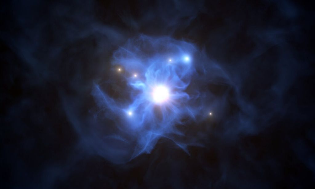 Concepção artística do buraco negro central e das galáxias presas na "teia" cósmica de gás (Imagem: Reprodução/ESO/L. Calçada