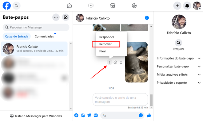 Ao passar o ponteiro do mouse sobre uma mensagem do Messenger, você tem acesso a opções de ações (Imagem: Captura de tela/Fabrício Calixto/Canaltech)