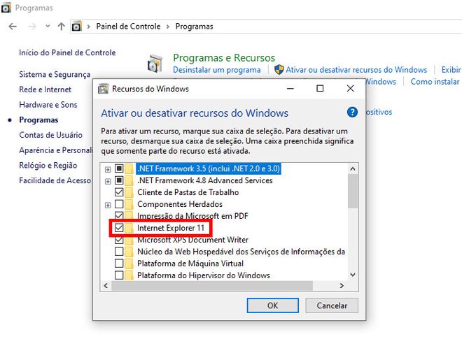 Com a janela aberta, desmarque a opção "Internet Explorer 11" (Captura de tela: Matheus Bigogno)