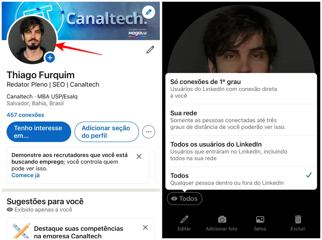 Use o aplicativo do LinkedIn para ajustar a privacidade da foto de perfil (Imagem: Captura de tela/Thiago Furquim/Canaltech)