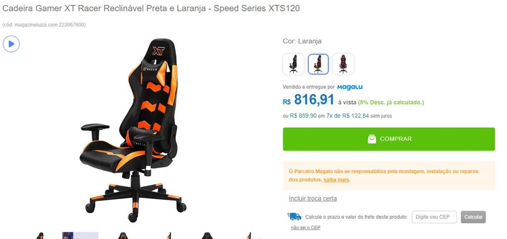 Cadeira Gamer XT Racer Reclinável Preta e Laranja Speed Series XTS120