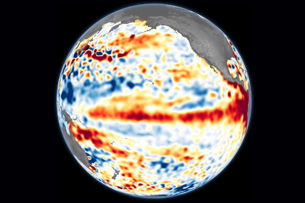 O El Niño é um fenômeno que, entre outras coisas, desvia frentes frias do Hemisfério Sul, favorecendo o clima seco e quente — e o deste ano está especialmente forte (Imagem: Lauren Dauphin/NASA/JPL-Caltech/ESA)