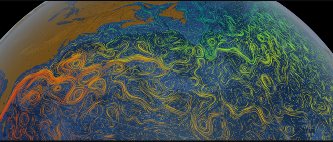 A Corrente do Golfo dá origem à AMOC, uma das mais importantes correntes oceânicas do mundo, que pode esfriar muito a Europa e esquentar muito o Brasil (Imagem: NASA)