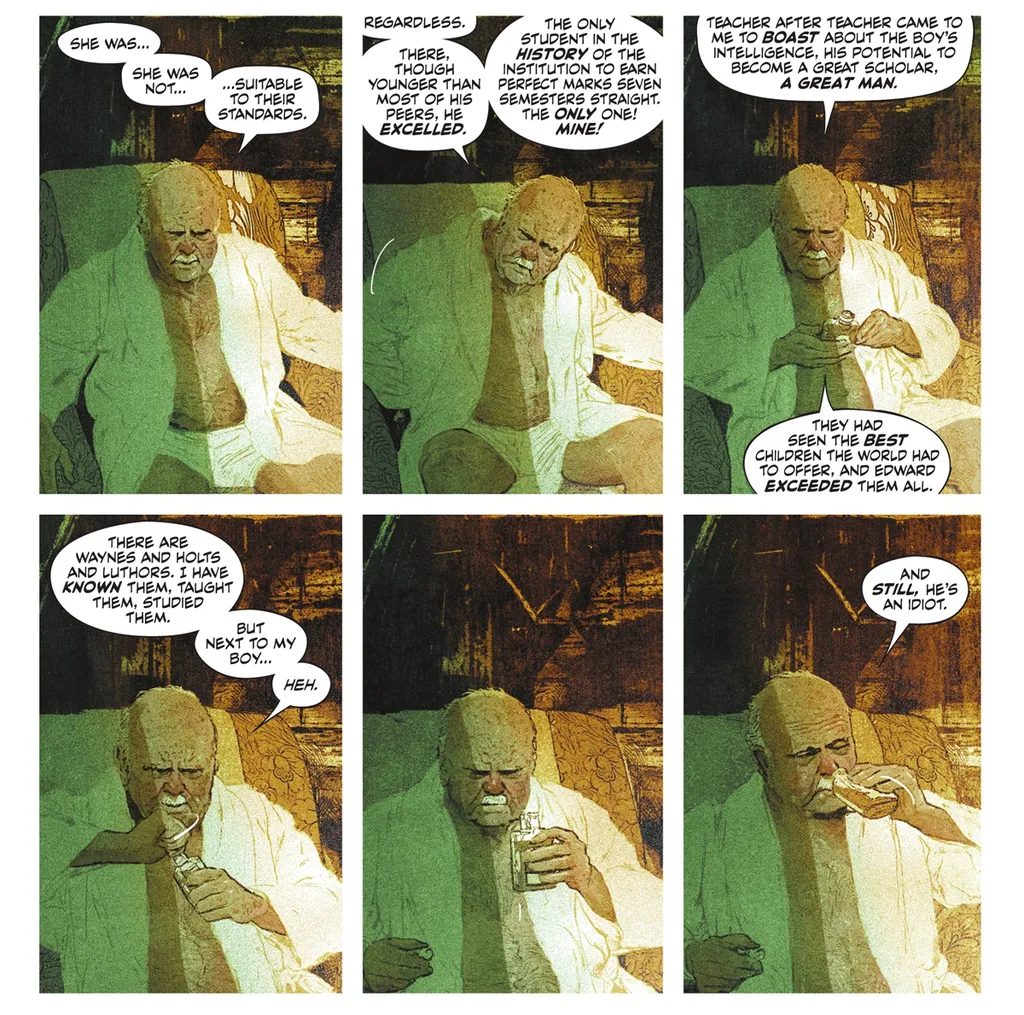 Pai do Charada cita os mais inteligentes que ensinou, entre ele Wayne, Holt e Luthor (Imagem: Reprodução/DC Comics)