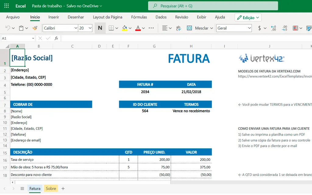 Gere faturas e notas fiscais no Excel (Captura de tela: André Magalhães)