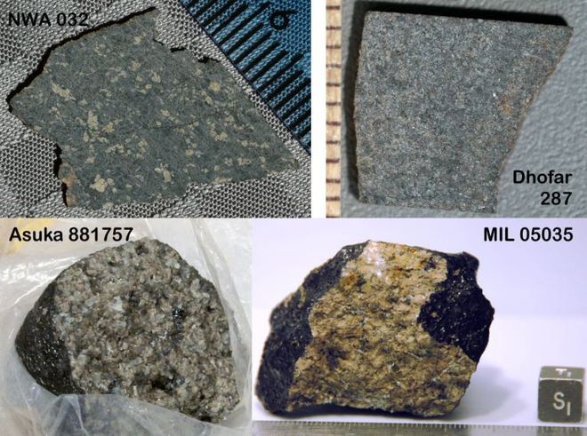 Exemplos de meteoritos basálticos vindos da Lua (Imagem: Reprodução/NASA /JSC and R. Korotev)