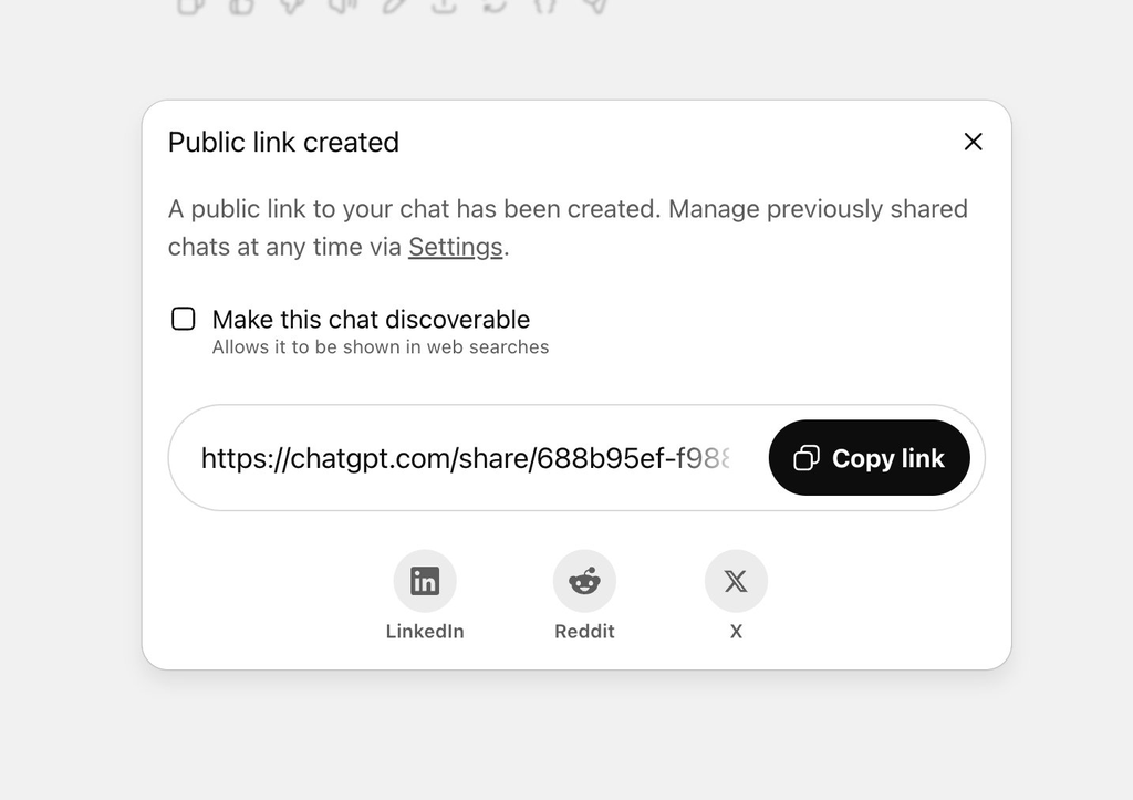 A OpenAI removeu a opção de criar links públicos para conversas com o ChatGPT, já que houveram problemas mesmo com o usuário tendo de permitir manualmente o compartilhamento das informações com buscadores da web (Imagem: OpenAI)
