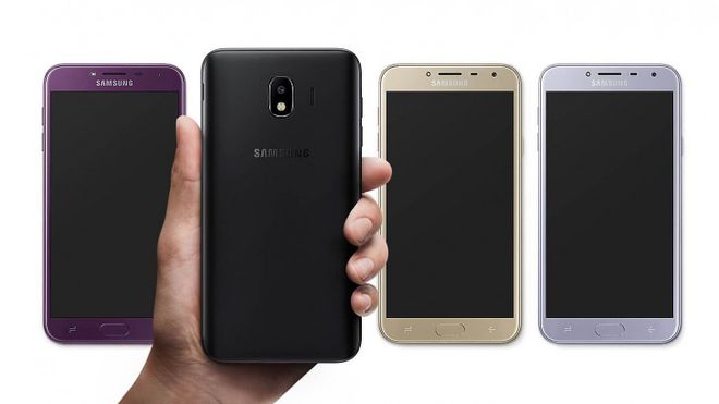 O Galaxy J4 vem em roxo, preto ou dourado (Imagem: Divulgação / Samsung)