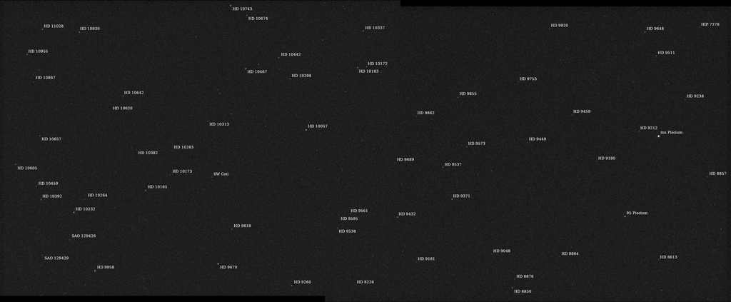 Região na constelação Peixes; a estrela mais brilhante da foto é mu Pisces, que aparece no canto inferior direito como mu Piscium (Imagem: Reprodução/NASA/JPL-Caltech/ASU)