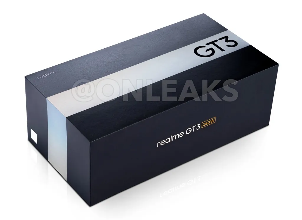 Caixa do Realme GT 3 indica recargas de 240 W (Imagem: @OnLeaks)